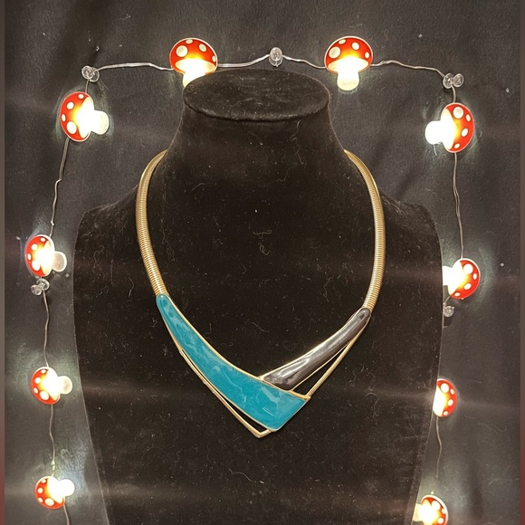 Gold & Blue Enamel Omega  Collar Necklace - Picture 1 of 6